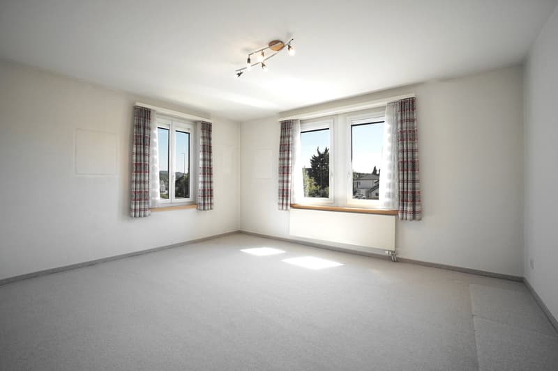 empty room, white walls, two windows with curtains, track lighting, white radiator, carpeted floor