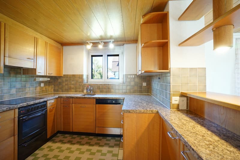 kitchen, wooden cabinets, granite countertop, gas stove, dishwasher, double sinks, electric oven