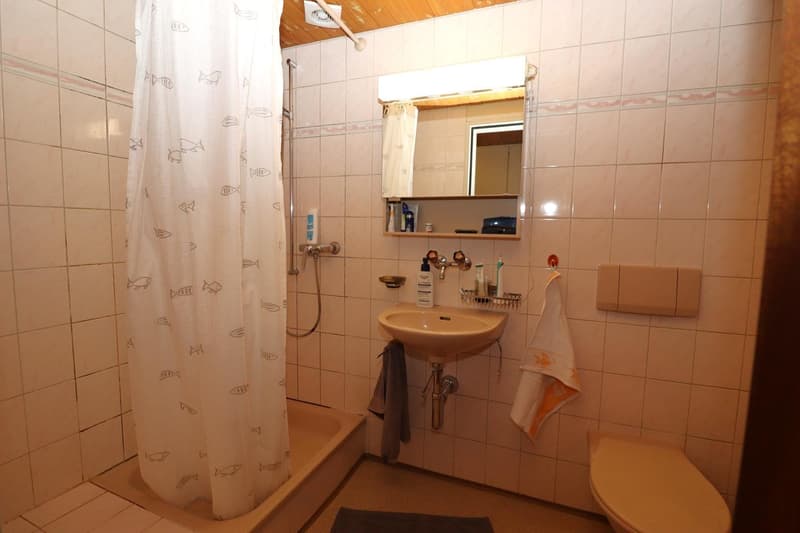 Tiled bathroom with a shower curtain, sink, mirror, and shelving for toiletries