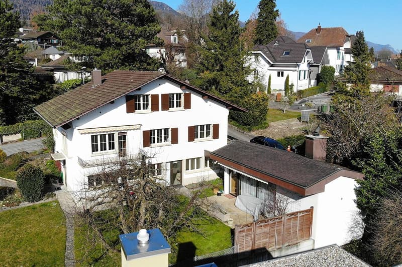 Single-family house, large windows, brown roof, car parked outside, surrounded by trees, mountain view