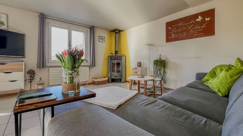 A living room with a couch, a wooden table with a flower vase, a wood stove, a TV, and an art piece on the wall