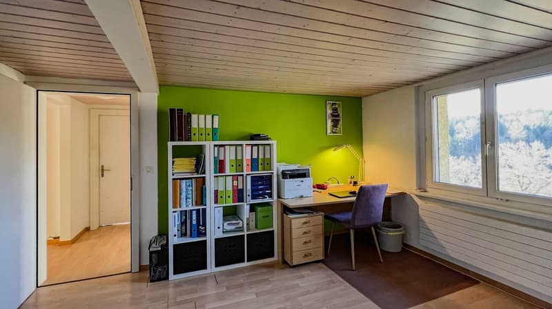 desk, chair, shelves, printer, folders, radiator, windows, green wall
