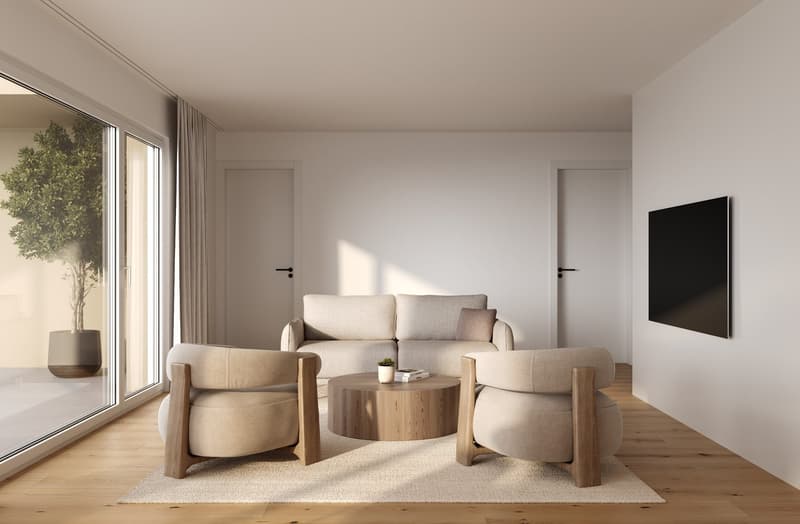 modern design living room, large windows, wooden floor, beige sofa, round coffee table, armchairs, mounted TV, potted plant, balcony