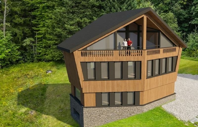 wooden exterior, black roof, large windows, balcony, two people standing on balcony