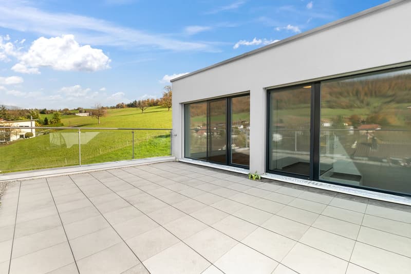 rooftop terrace, panoramic view, sliding glass doors, large glass windows, tiled flooring