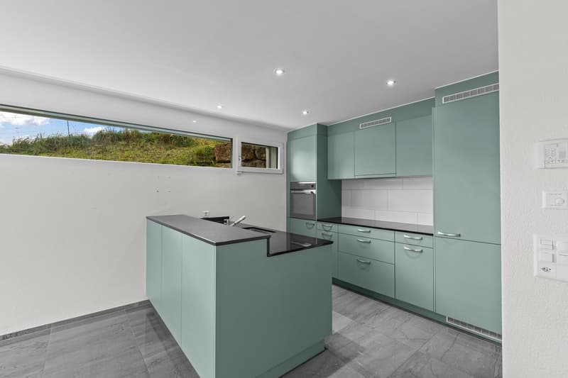 Modern kitchen with green cabinets, black countertops, granite flooring, a skylight, and stainless steel appliances.