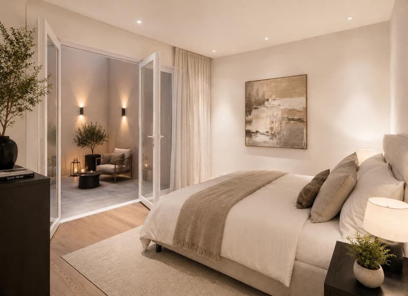 Visualisierung Schlafzimmer mit kleinem Sitzplatz