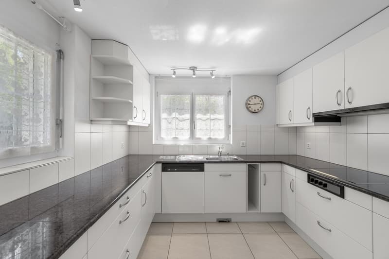 Moderne Küche mit Granitabdeckung und Markengeräten