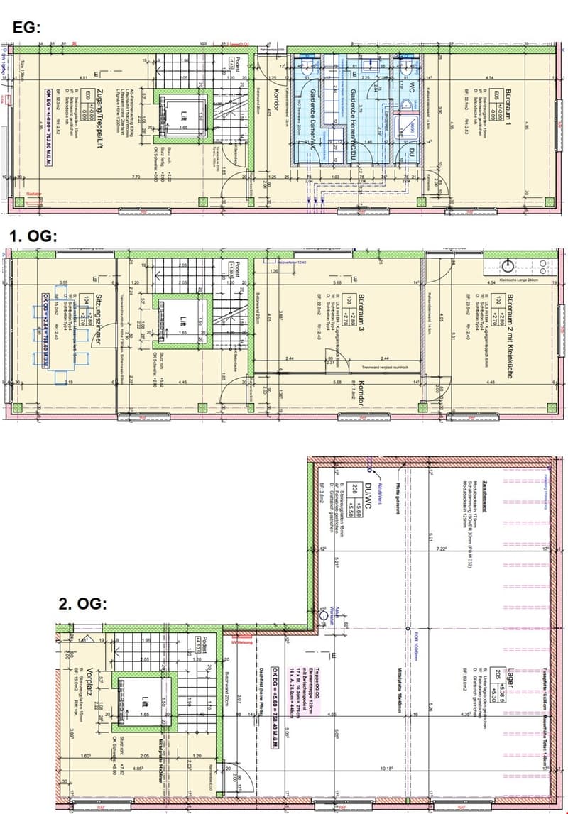The image shows the floor plans for two levels of a building. The upper level (EG) has a living room, kitchen, two bedrooms, and two bathrooms, as well as a balcony. The lower level (OG) has a similar layout with a living room, kitchen, two bedrooms, and