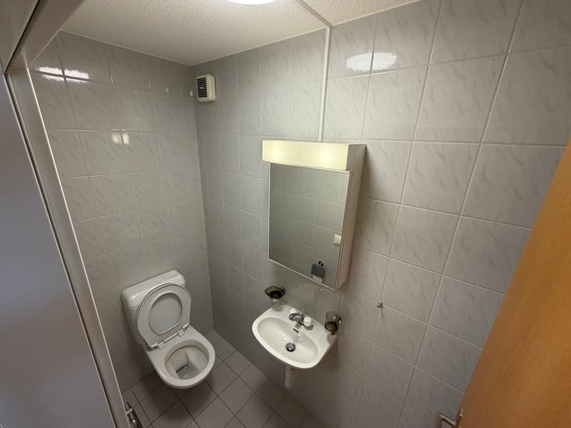 A bathroom with white tiled walls and floor, a toilet, a sink with a mirror, and a power outlet above the sink.