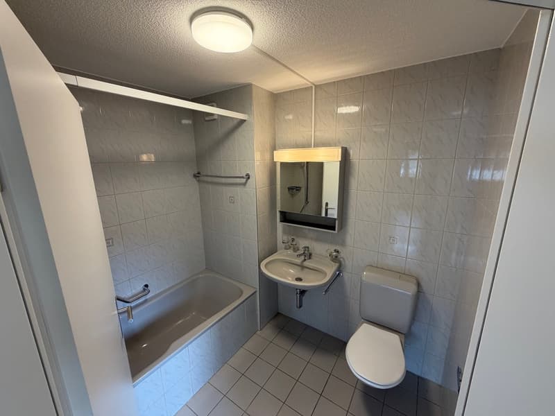 Bathroom with shower cubicle, bathtub, toilet, sink and mirror