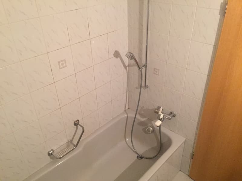Bathtub, shower head, soap dish, white tiles, wooden door