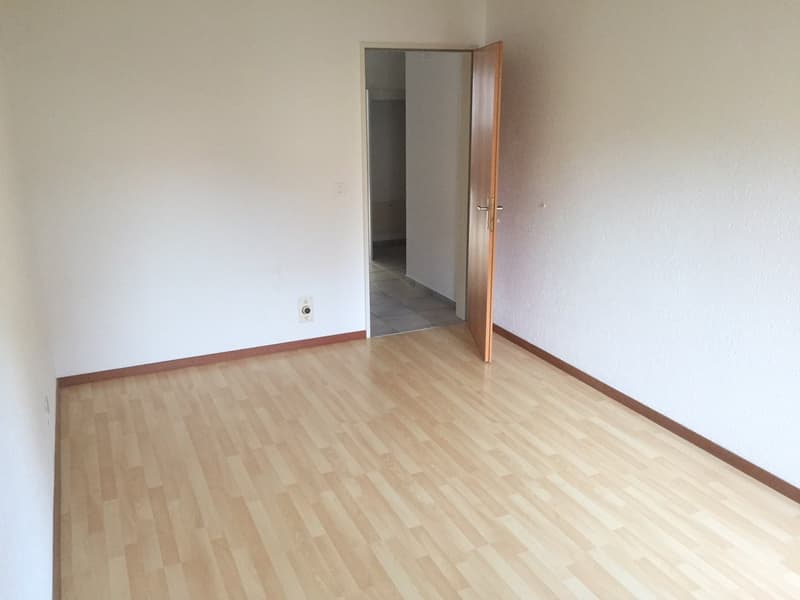 empty room, wooden floor, white walls, open door, power outlet, hallway