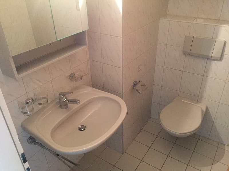 white sink, white toilet, white tiles, mirror, glass cups