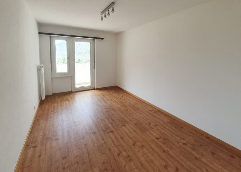 empty room, wooden floor, white walls, sliding glass door, balcony, view of mountains