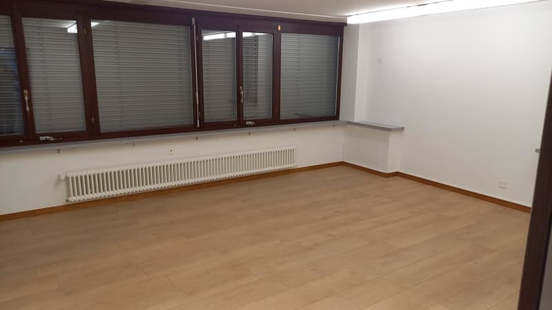Large empty room with hardwood flooring, white walls, and large windows with blinds. The room has a radiator along the wall.