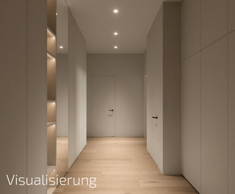 long hallway, white walls, wooden floor, recessed lighting, white door