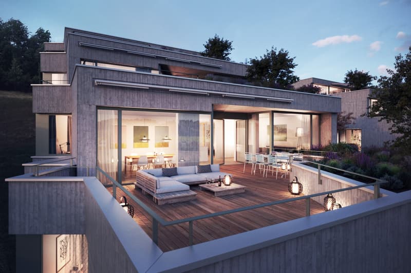 modern house, concrete exterior, large terrace, outdoor seating, wooden deck, glass walls, multiple levels