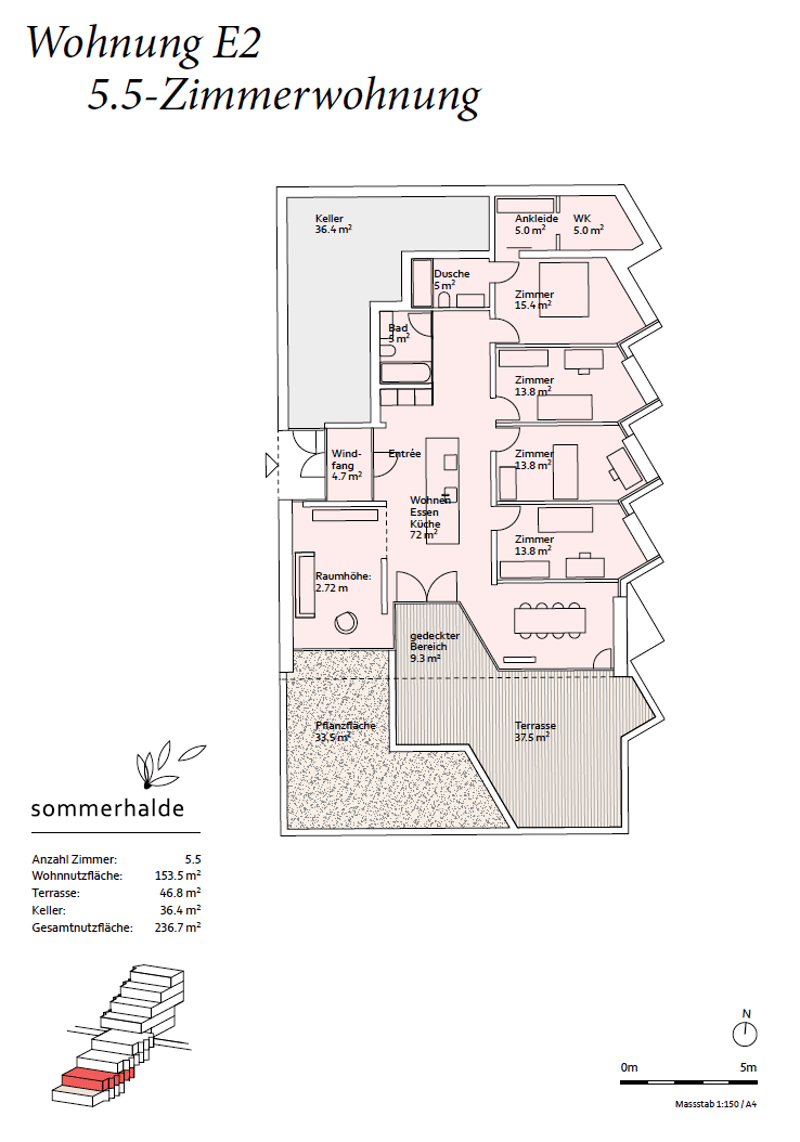 5.5 room apartment, living room, kitchen, 4 bedrooms, bathroom, terrace, cellar