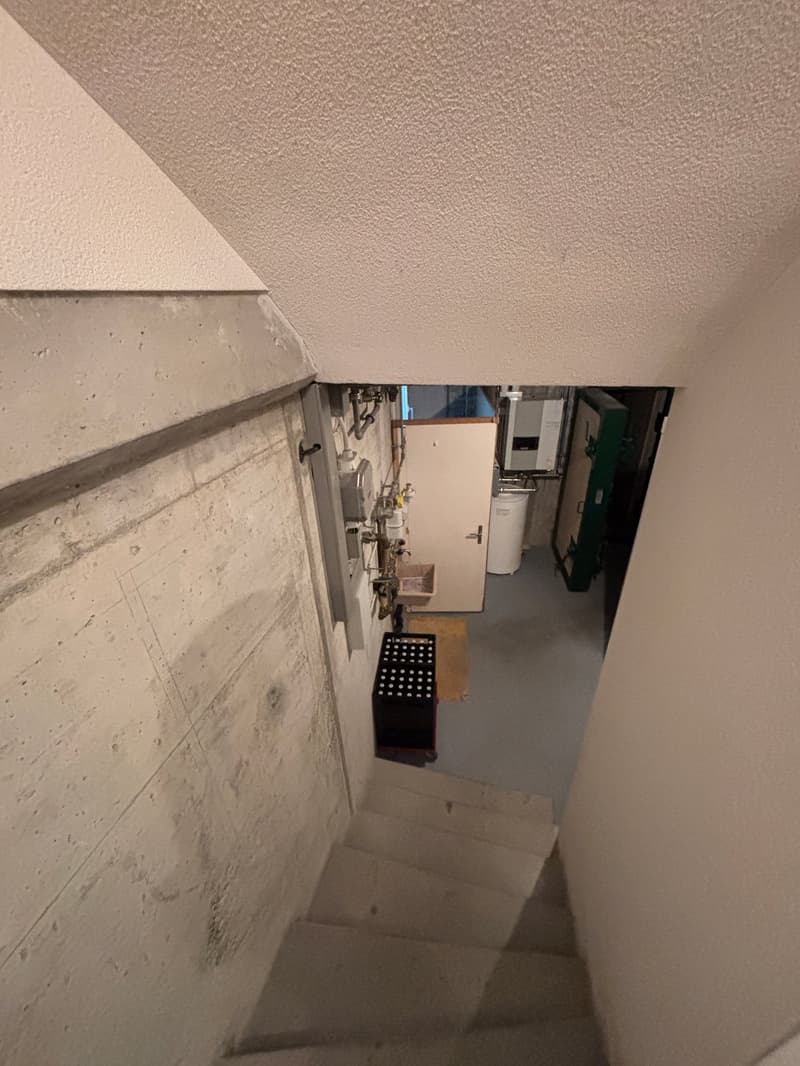 Concrete staircase leading to a basement with white walls, gray floor, and various equipment and storage boxes.