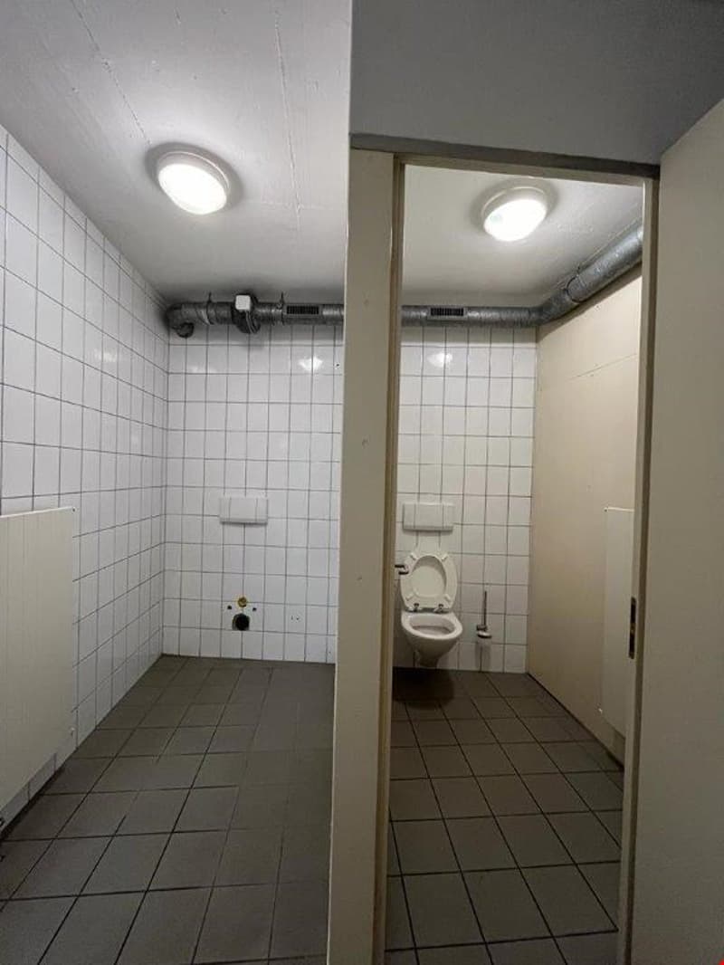 Tiled bathroom with white tiles, toilet, and overhead lighting fixtures