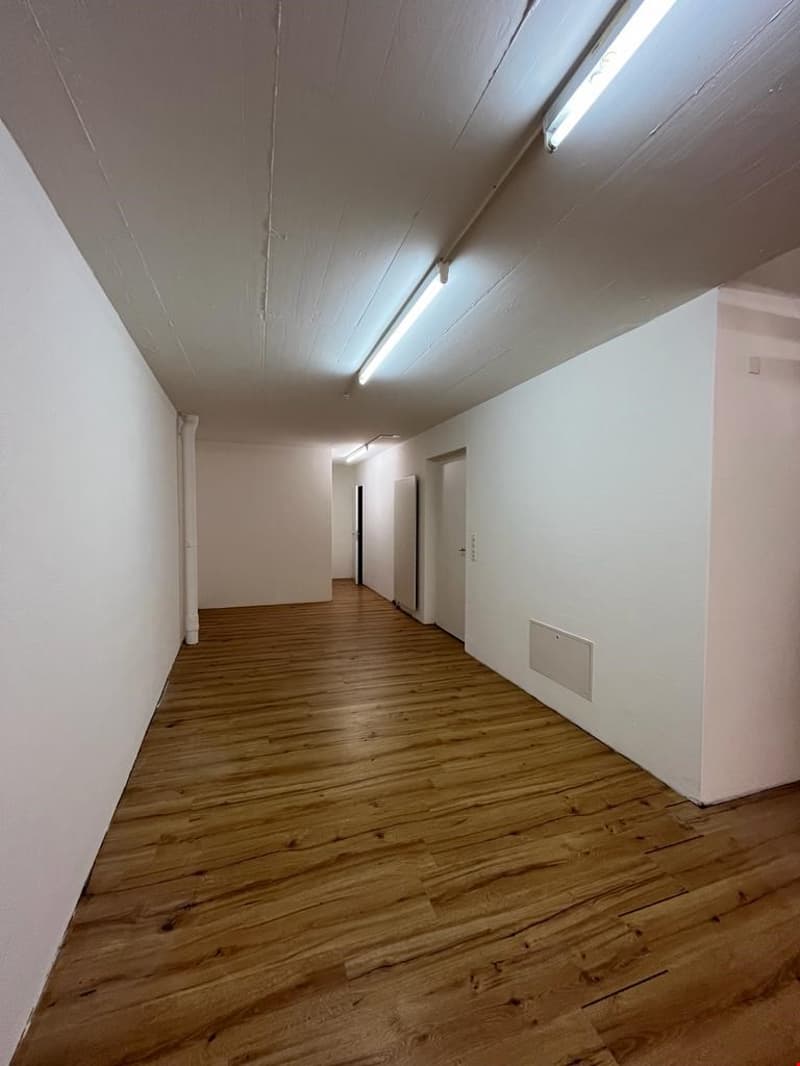Empty room with wooden floor, white walls, and ceiling lights
