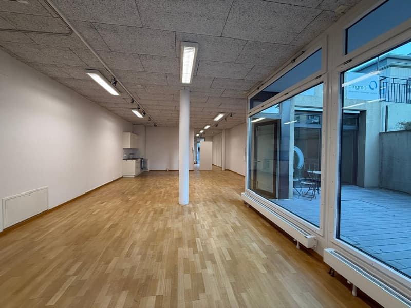 empty room, hardwood floors, white walls, glass windows, modern ceiling lights, column