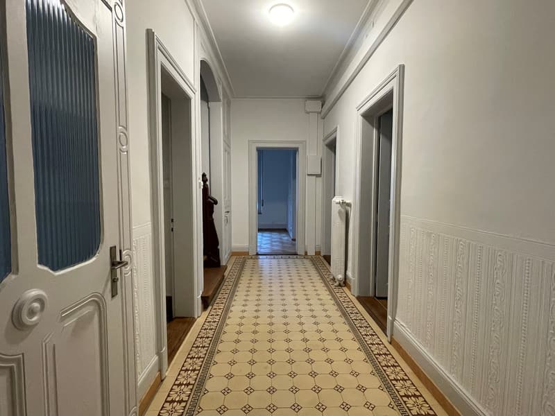 White walls, patterned carpet, white doors, wooden stairs, windows