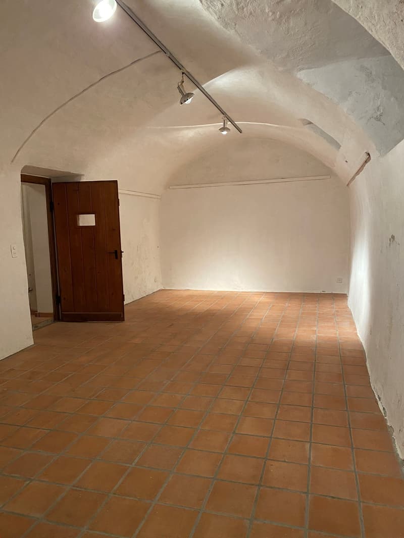 empty room, arched ceiling, tiled floor, door, track lighting