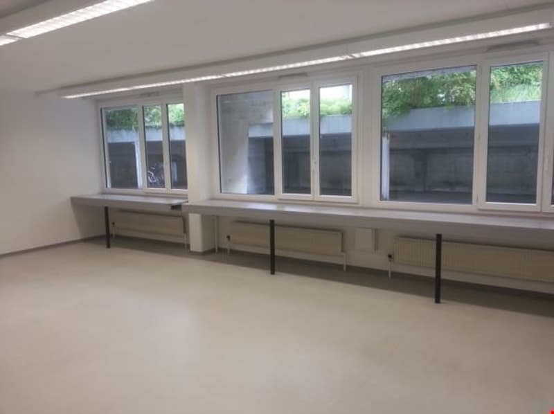 An empty room with white walls, two long counters, large windows, and fluorescent ceiling lights.