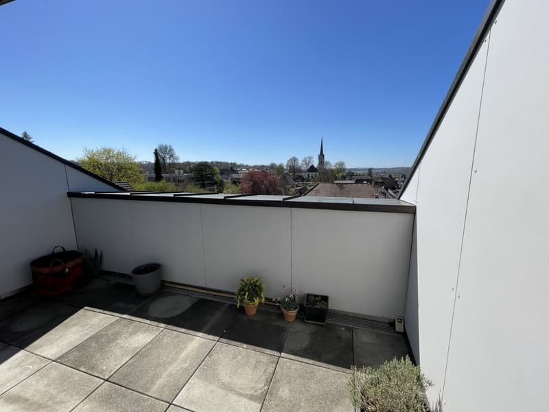 tiled floor, white walls, potted plants, clear view of the town