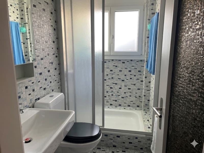Bathroom with white sink, black toilet, glass shower enclosure, small bathtub, blue towels, mirror, tiled walls