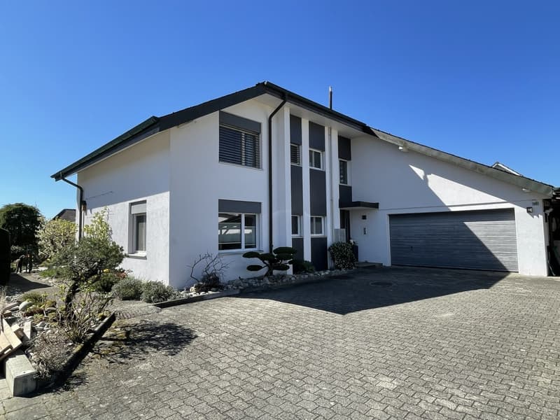 Modern white house, 2 story, garage, paved driveway, garden with shrubs