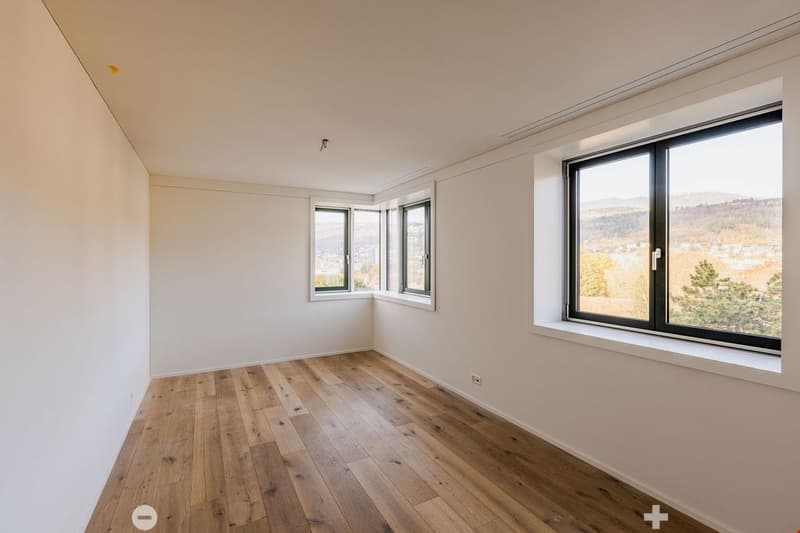 empty room, wooden floor, white walls, two windows, outside view
