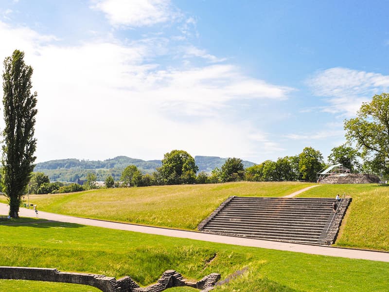 grassy hill with stone steps, trees, clear blue sky, distant mountains