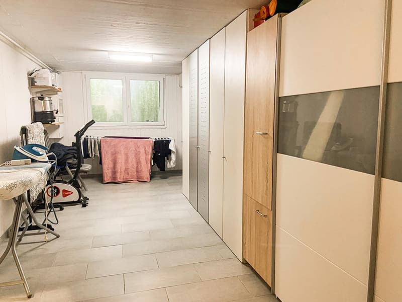 laundry room with ironing board, iron, shelves, cabinets, windows, exercise bike