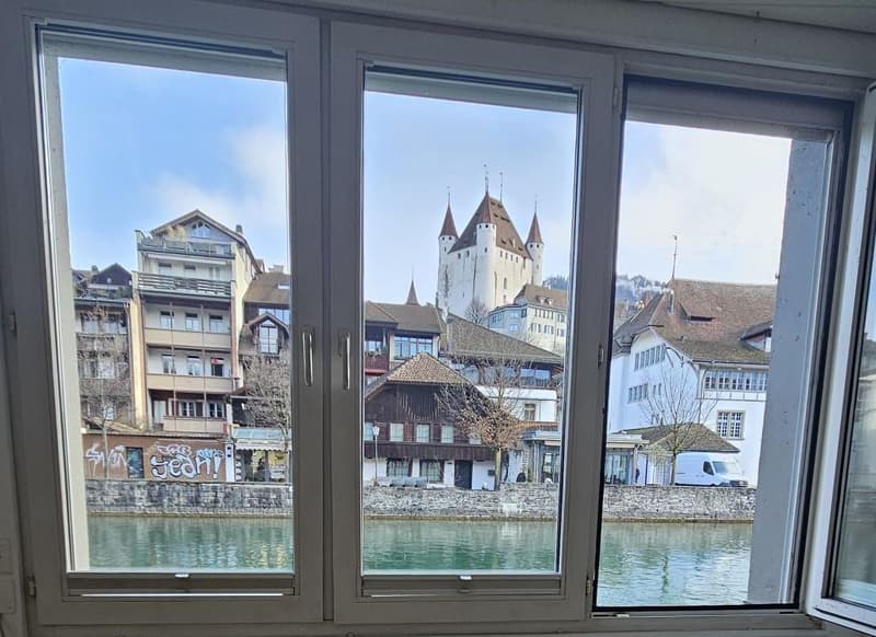 Window overlooking a river and buildings with medieval-style architecture