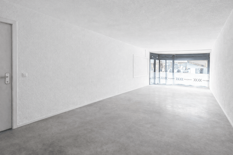 white walls, grey carpet, open door leading to outside, large windows