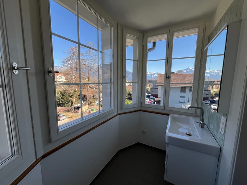 Bathroom with white sink, mirror, and large windows with view of mountains