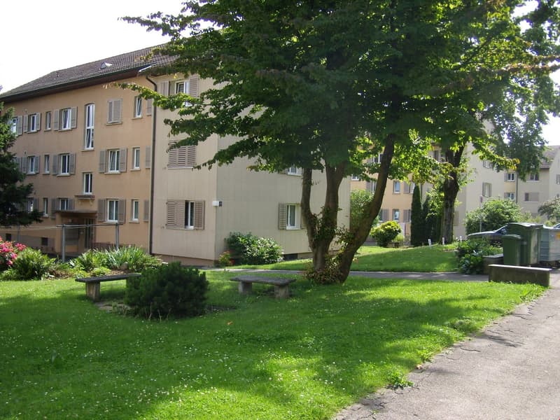 Multi-story apartment building with beige exterior, surrounded by lush greenery including trees and a grassy area with benches. The building has balconies visible on some of the units.