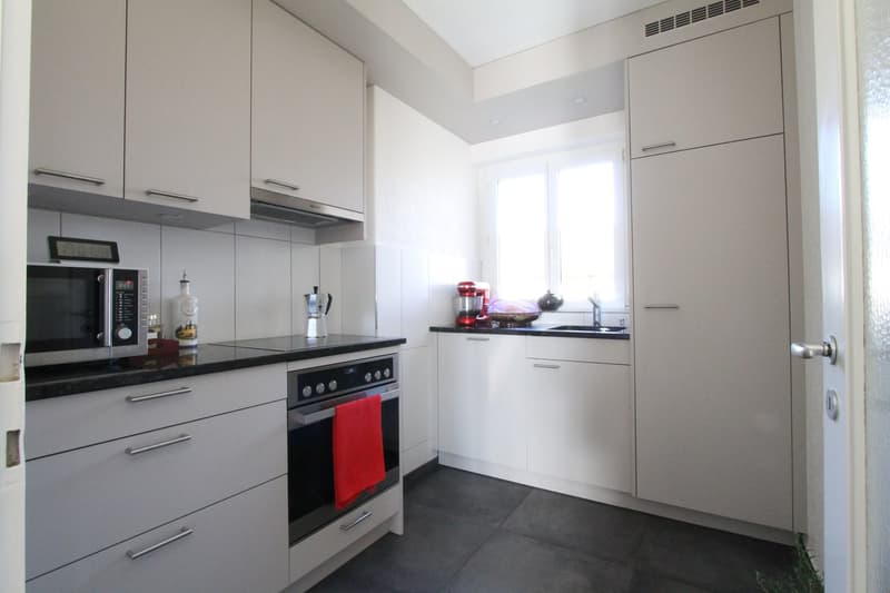 Modern, minimalist kitchen with gray cabinets, black countertops, built-in oven and microwave, and a dishwasher