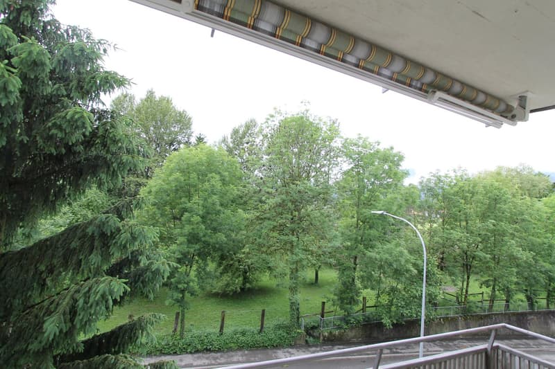 Balcony with shade, view of green area with trees and grass, street light
