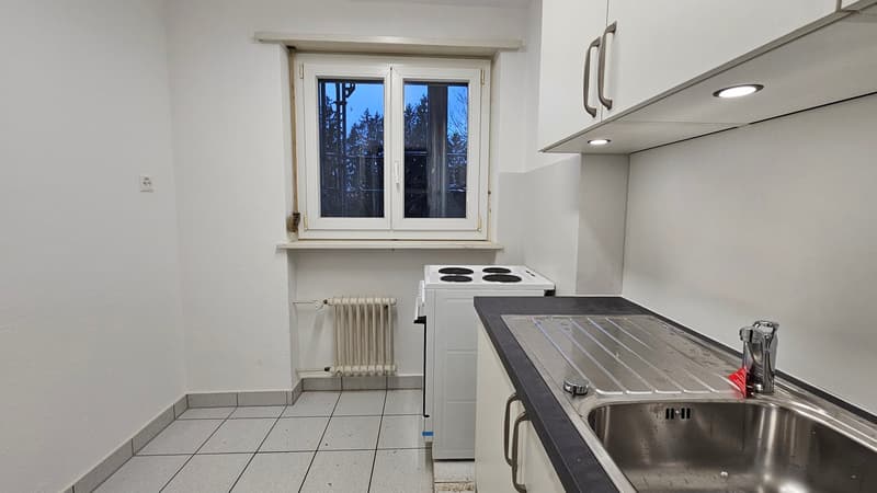 Kitchen: countertop, sink, oven, radiator, window, tiled floor