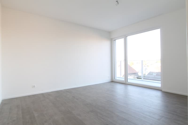 empty room, white walls, wooden floor, sliding glass doors, balcony, view of the outside