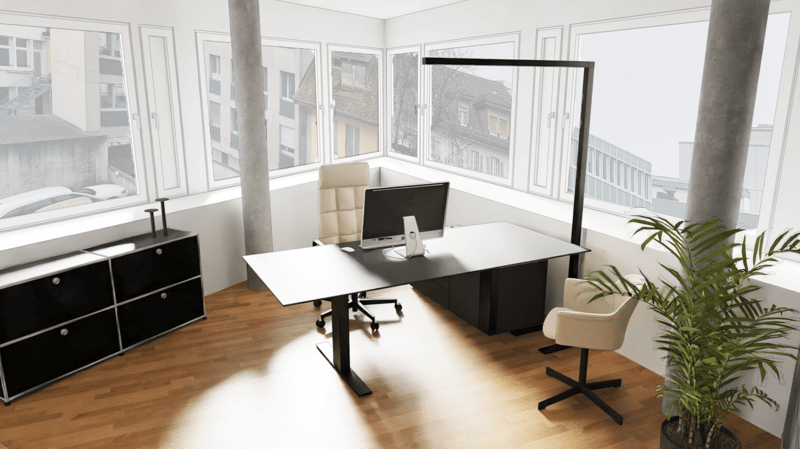 modern office with desk, office chair, computer, cabinet, plant, wooden floor