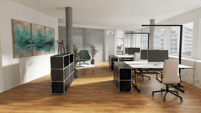 modern office with wooden floor, white walls, large windows, office desks, office chairs, computer monitors, office storage, plants