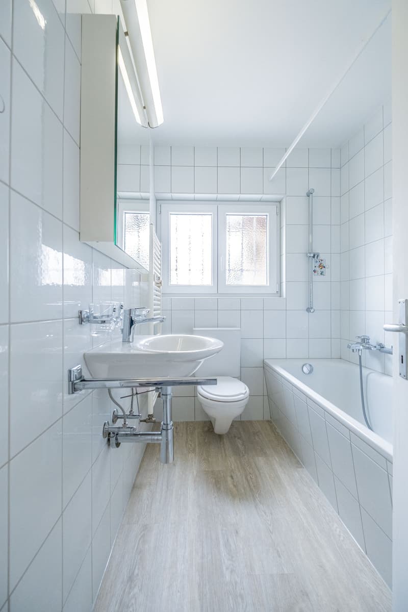 modern bathroom with white tiles, white sink, white toilet, white bathtub, white shower