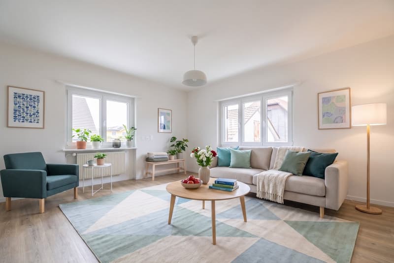 living room with couch, coffee table, armchair, floor lamp, rug, plants, windows