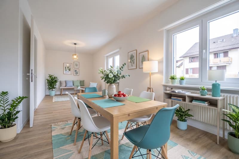 Dining room with wooden table, white chairs, blue chairs, rug, plants, radiator, lamp, books, flowers, apples