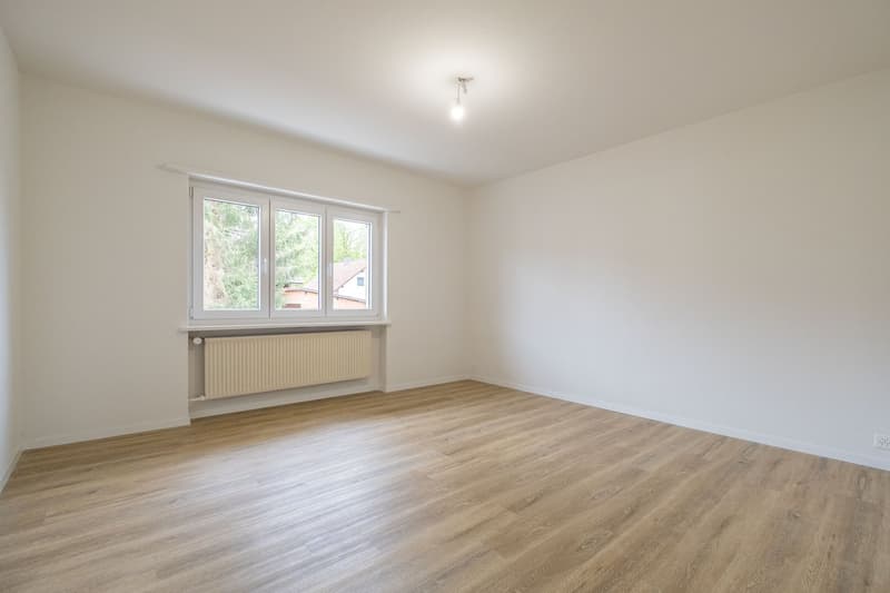 empty room, white walls, wooden floor, window, radiator
